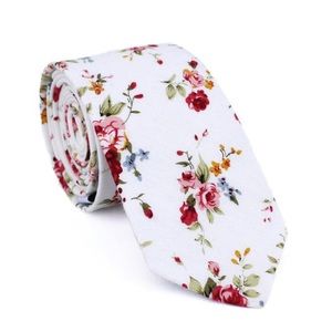 DAZI white floral skinny tie; red and pink roses